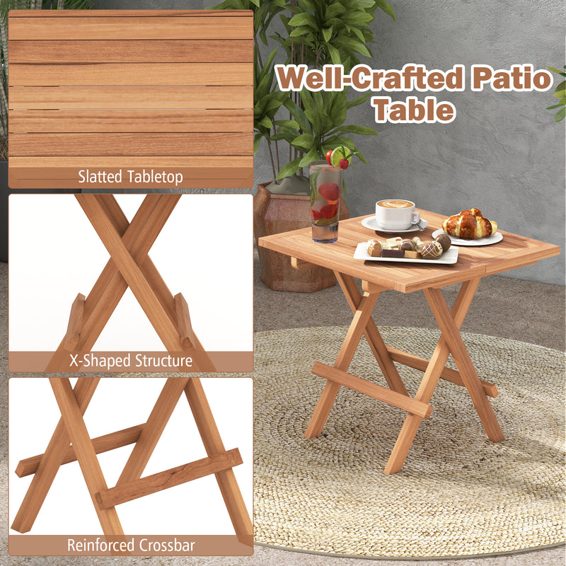Square Patio Folding Table Indonesia Teak Wood with Slatted Tabletop Portable for Picnic