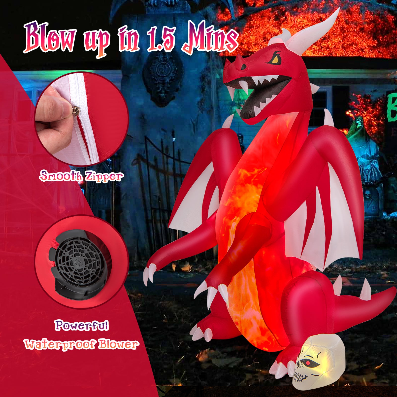 Vampire Inflatable Wings 8 Feet Halloween Inflatables Blow-up Red Dragon with Wings Skull
