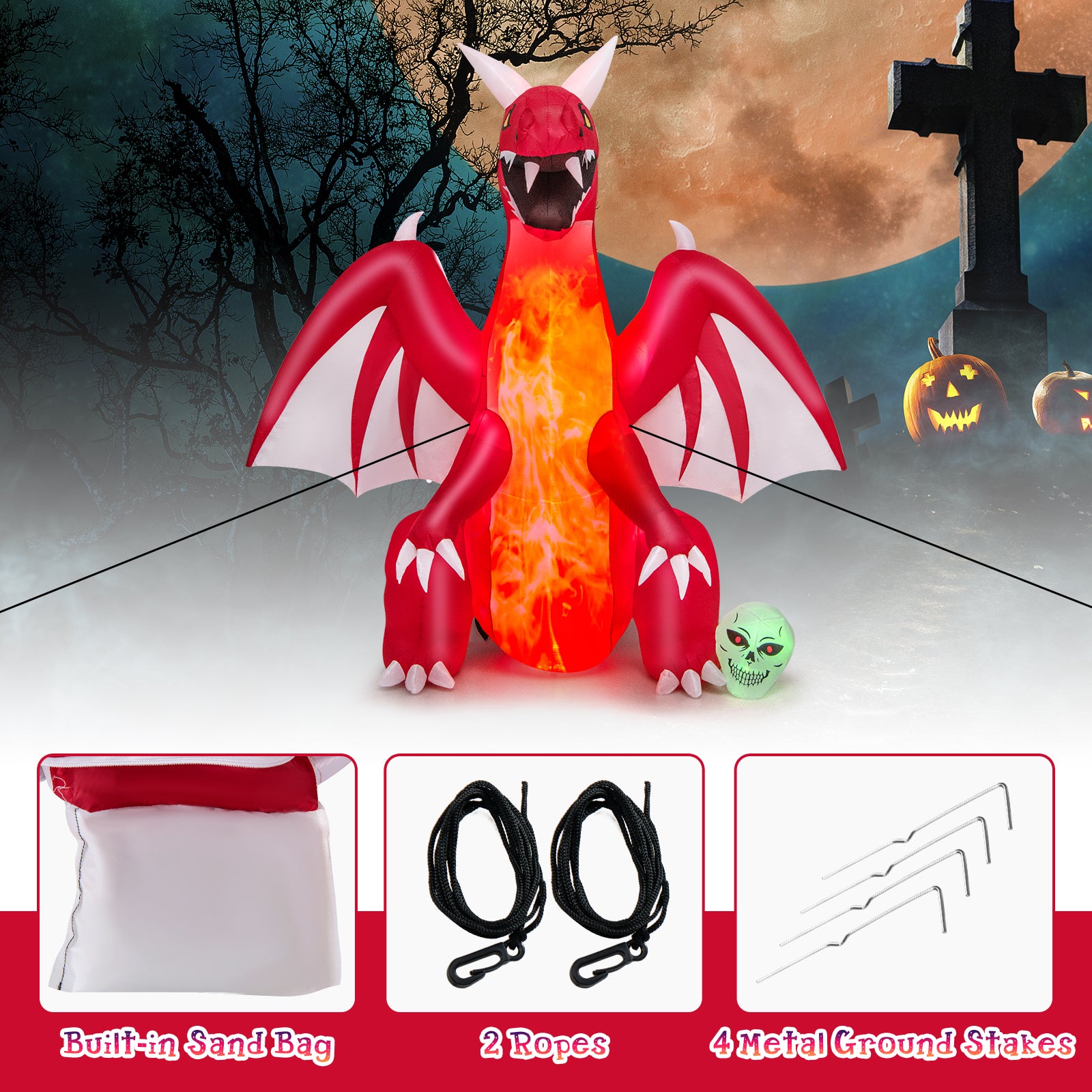 Inside Inflatable Dragon 8 Feet Halloween Inflatables Blow-up Red Dragon with Wings Skull