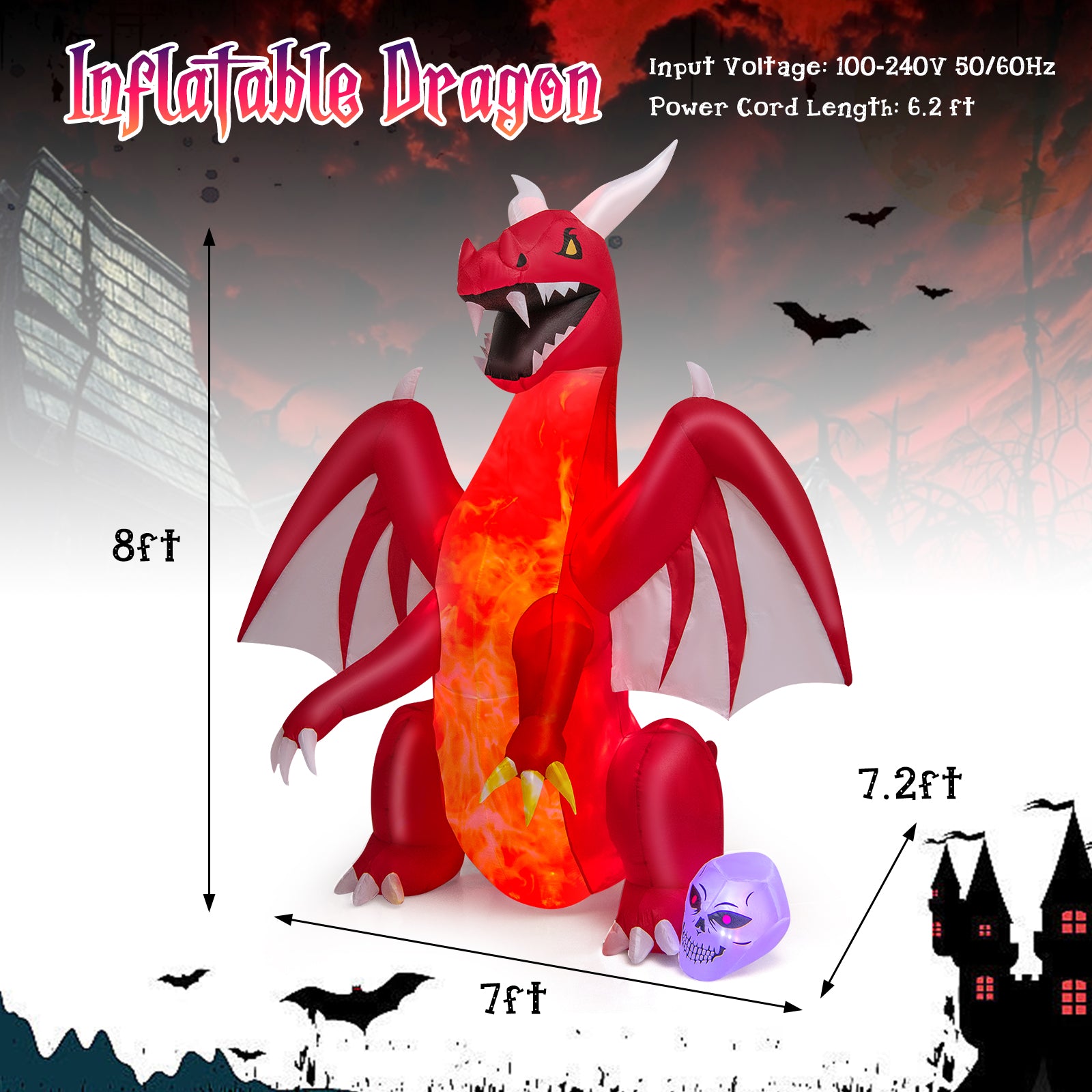 Vampire Inflatable Wings 8 Feet Halloween Inflatables Blow-up Red Dragon with Wings Skull