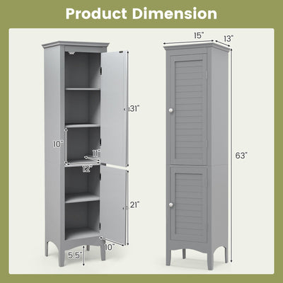 Tall Bathroom Floor Cabinet with Shutter Doors and Adjustable Shelf-Gray