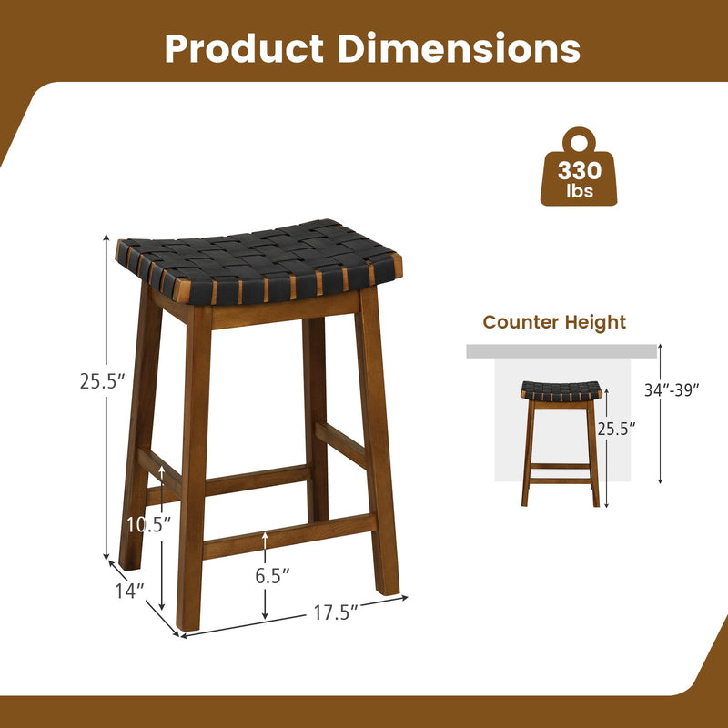Faux PU Leather Bar Height Stools Set of 2 with Woven Curved Seat - 25 Inches
