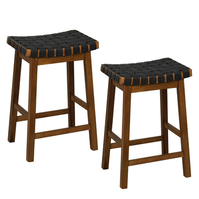 Faux PU Leather Bar Height Stools Set of 2 with Woven Curved Seat - 25 Inches