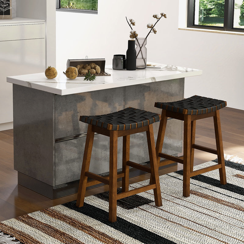 Faux PU Leather Bar Height Stools Set of 2 with Woven Curved Seat - 25 Inches