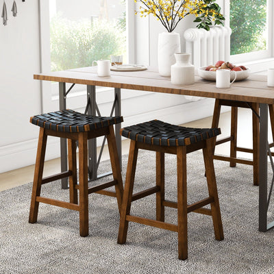 Faux PU Leather Bar Height Stools Set of 2 with Woven Curved Seat - 25 Inches