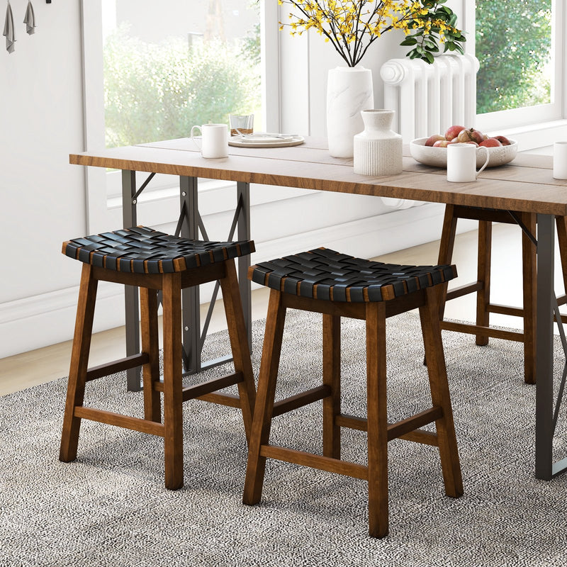 Faux PU Leather Bar Height Stools Set of 2 with Woven Curved Seat - 25 Inches