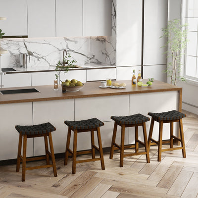 Faux PU Leather Bar Height Stools Set of 2 with Woven Curved Seat - 25 Inches