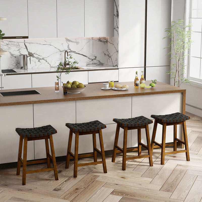 Faux PU Leather Bar Height Stools Set of 2 with Woven Curved Seat - 25 Inches