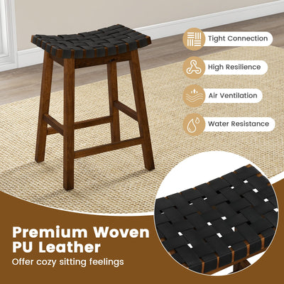 Faux PU Leather Bar Height Stools Set of 2 with Woven Curved Seat - 25 Inches