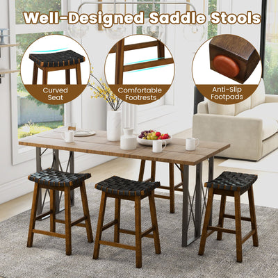 Faux PU Leather Bar Height Stools Set of 2 with Woven Curved Seat - 25 Inches