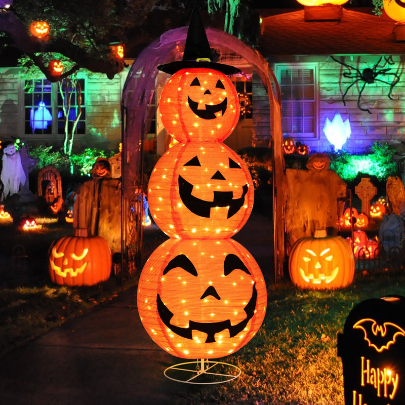 Light Up Triple Stacked Halloween Pumpkin Decoration with Hat