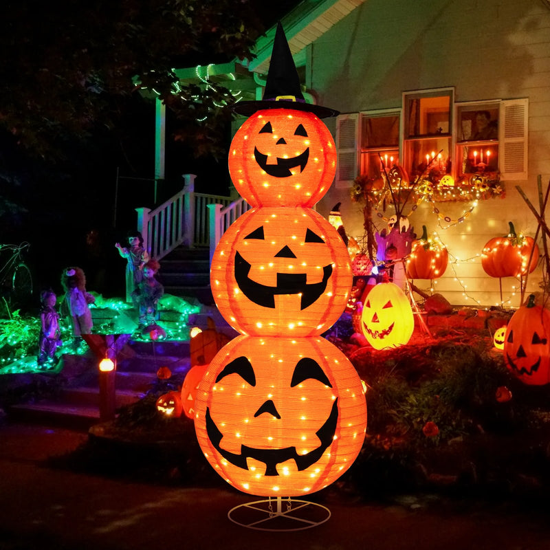 Light Up Triple Stacked Halloween Pumpkin Decoration with Hat