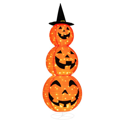 Light Up Triple Stacked Halloween Pumpkin Decoration with Hat