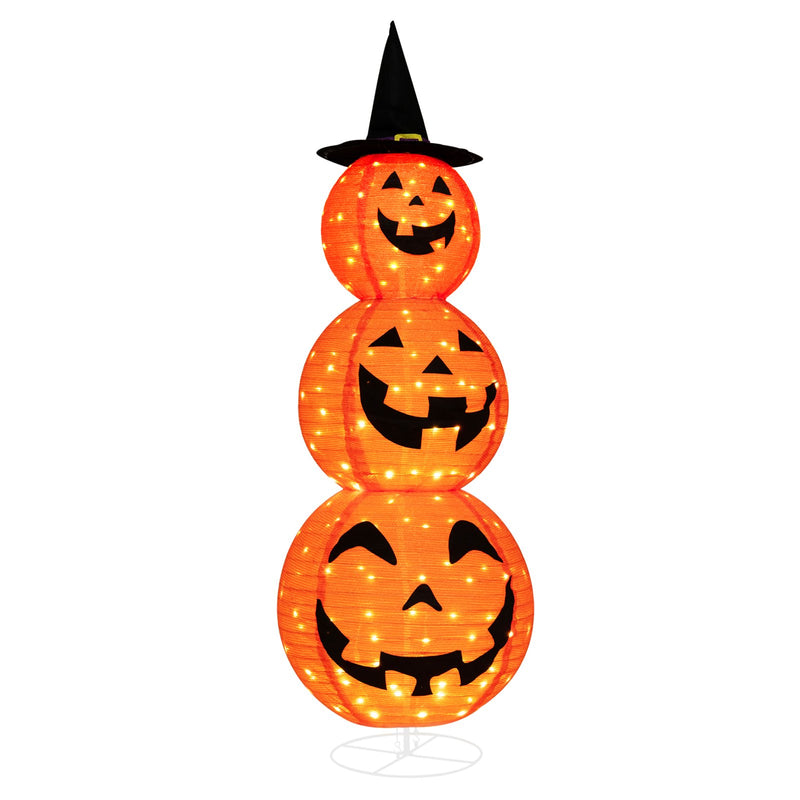 Light Up Triple Stacked Halloween Pumpkin Decoration with Hat
