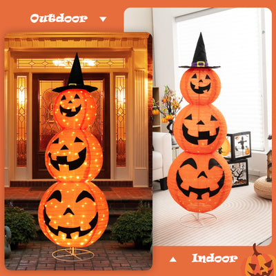 Light Up Triple Stacked Halloween Pumpkin Decoration with Hat