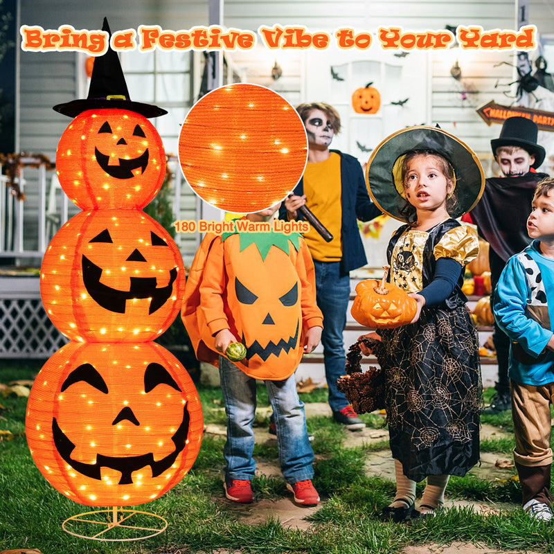 Light Up Triple Stacked Halloween Pumpkin Decoration with Hat