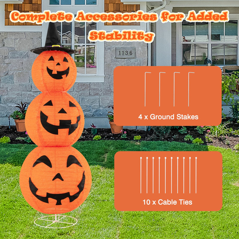 Light Up Triple Stacked Halloween Pumpkin Decoration with Hat