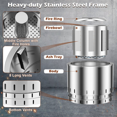 Smokeless Stainless Steel Fire Pit with Ash Pan for Yard Camping-Silver