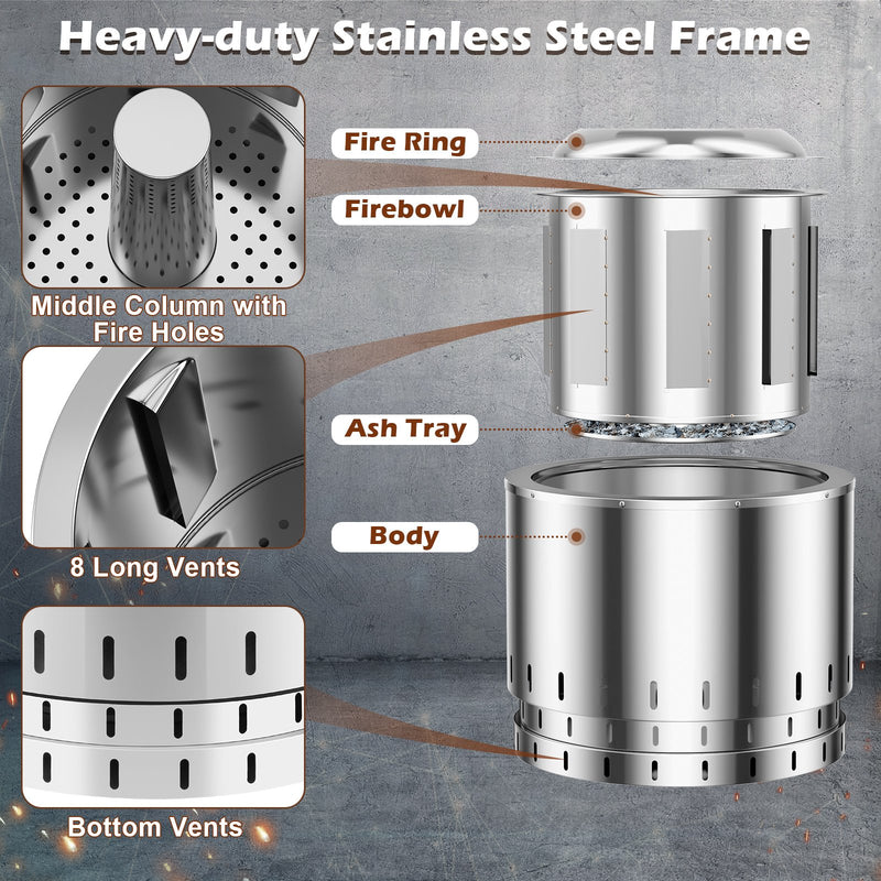 Smokeless Stainless Steel Fire Pit with Ash Pan for Yard Camping-Silver