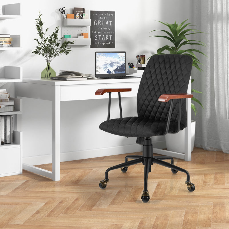 Velvet Home Office Chair with Wooden Armrest-Black