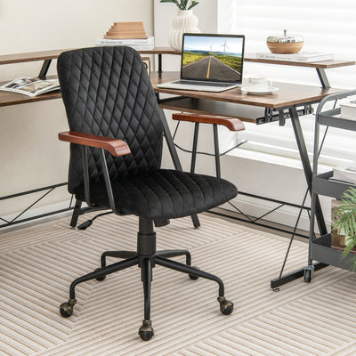 Velvet Home Office Chair with Wooden Armrest-Black