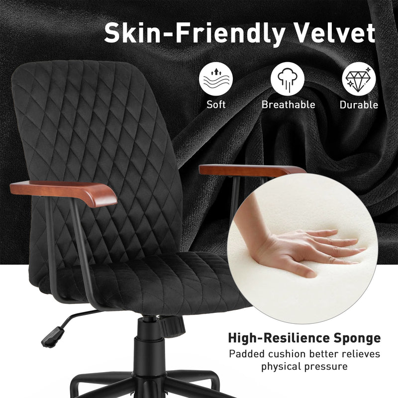 Velvet Home Office Chair with Wooden Armrest-Black