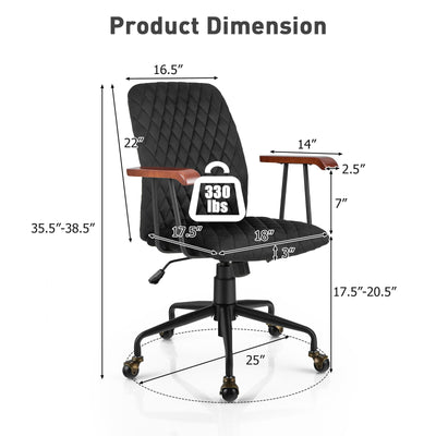 Velvet Home Office Chair with Wooden Armrest-Black