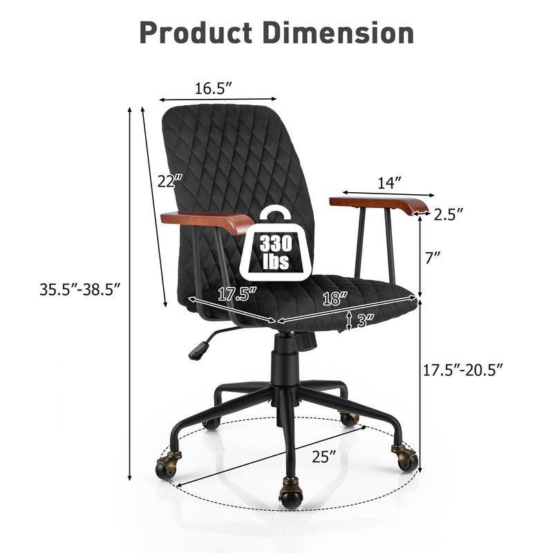 Velvet Home Office Chair with Wooden Armrest-Black