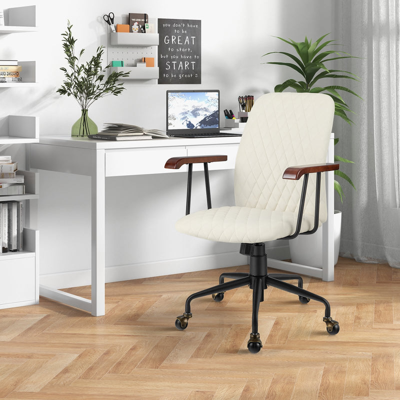 Velvet Home Office Chair with Wooden Armrest-Beige