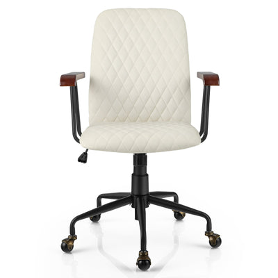 Velvet Home Office Chair with Wooden Armrest-Beige