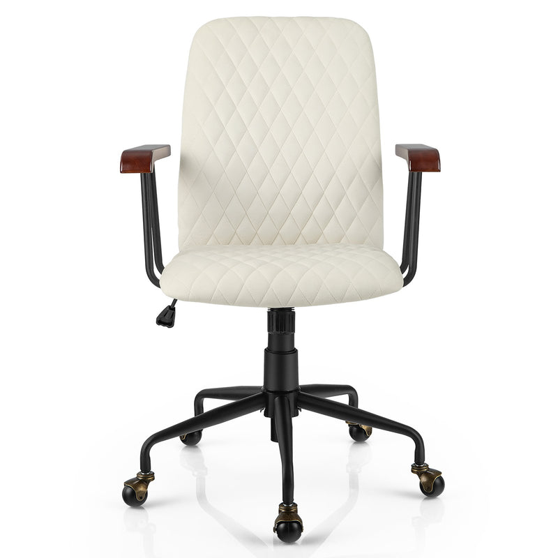 Velvet Home Office Chair with Wooden Armrest-Beige