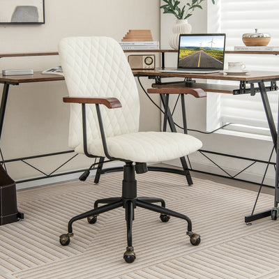 Velvet Home Office Chair with Wooden Armrest-Beige