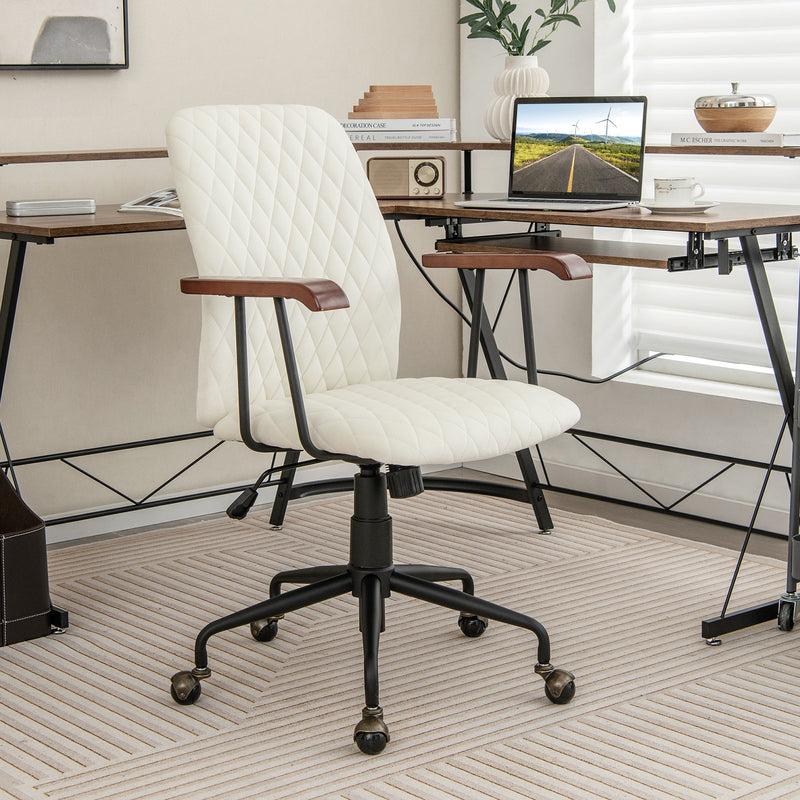 Velvet Home Office Chair with Wooden Armrest-Beige
