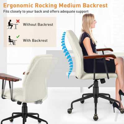 Velvet Home Office Chair with Wooden Armrest-Beige