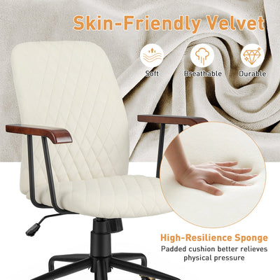 Velvet Home Office Chair with Wooden Armrest-Beige