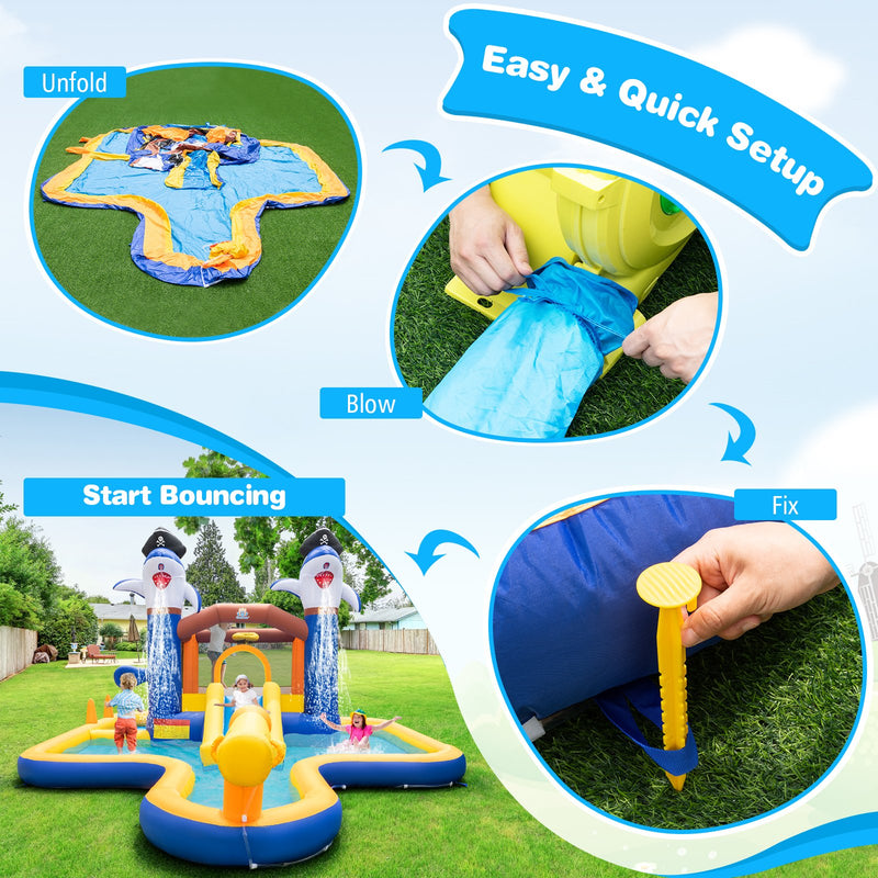 7-In-1 Water Slide Park with Splash Pool and Water Cannon with 680W Blower