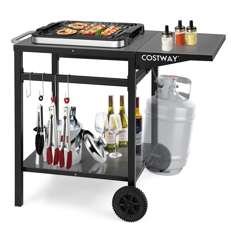 Movable Outdoor Grill Cart with Folding Tabletop and Hooks-Black