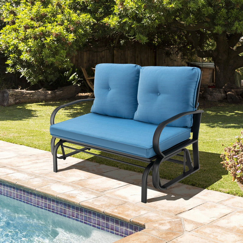 Patio 2-Person Glider Bench Rocking Loveseat Cushioned Armrest-Blue