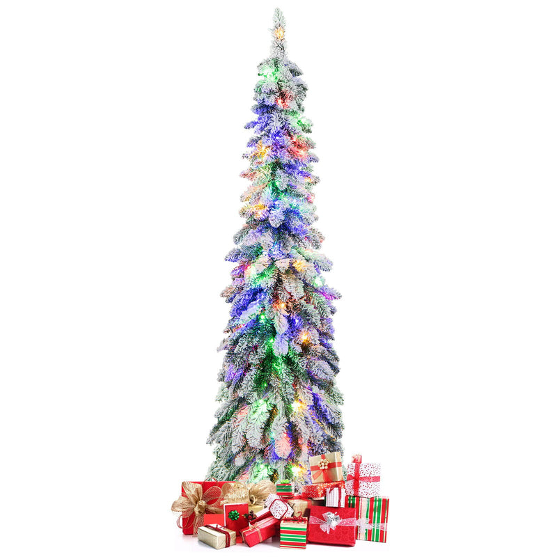 4/5/6 Feet Pre-Lit Artificial Christmas Tree Snow-Flocked Slim Pencil Xmas Decor-5 ft