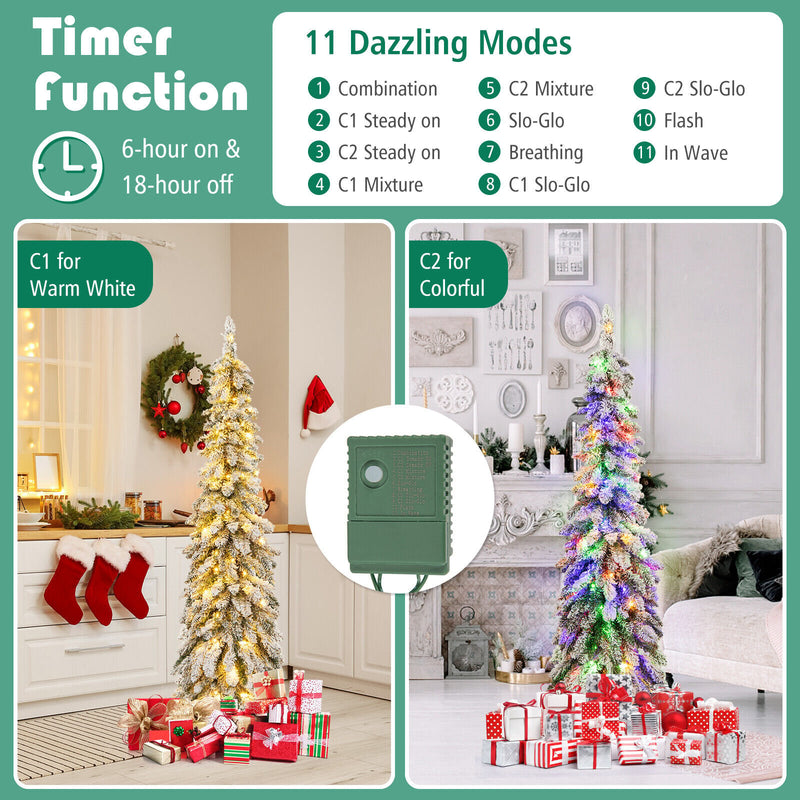 4/5/6 Feet Pre-Lit Artificial Christmas Tree Snow-Flocked Slim Pencil Xmas Decor-5 ft