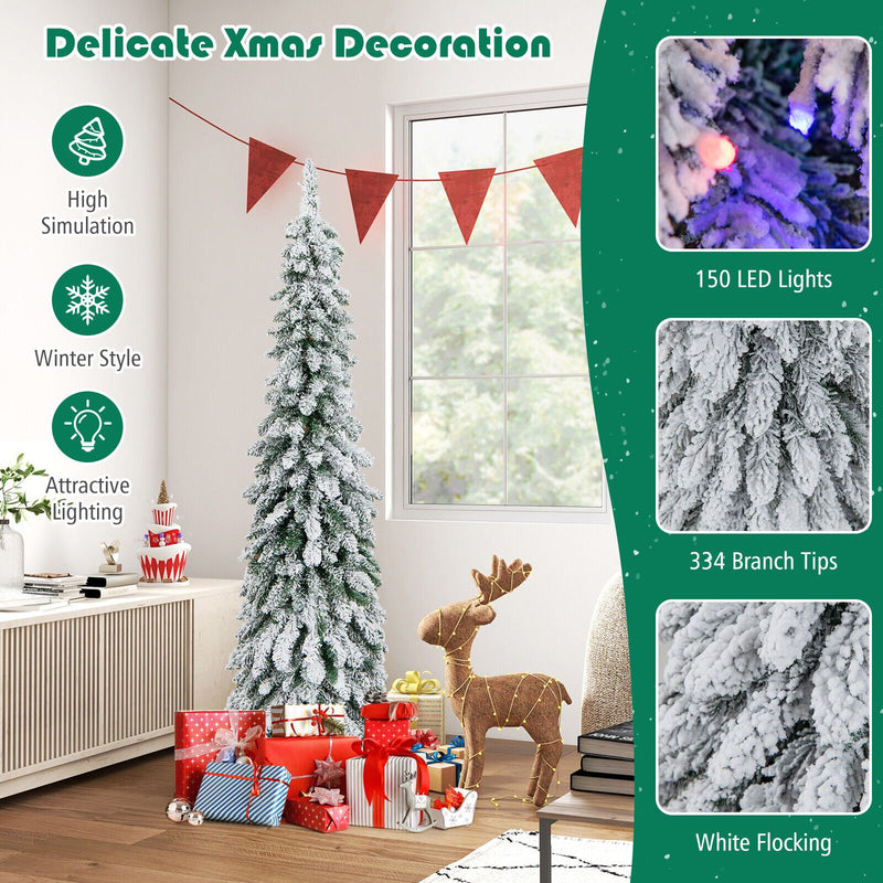 4/5/6 Feet Pre-Lit Artificial Christmas Tree Snow-Flocked Slim Pencil Xmas Decor-5 ft