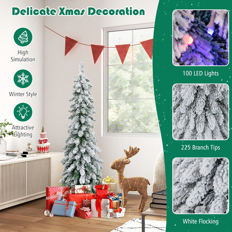 4 Feet Pre-Lit Artificial Christmas Tree Snow-Flocked Slim Pencil Xmas Decor