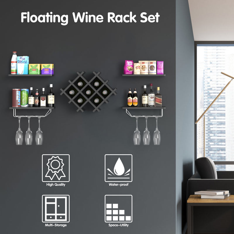 Set of 5 Wall Mount Wine Rack Set w/ Storage Shelves-Black