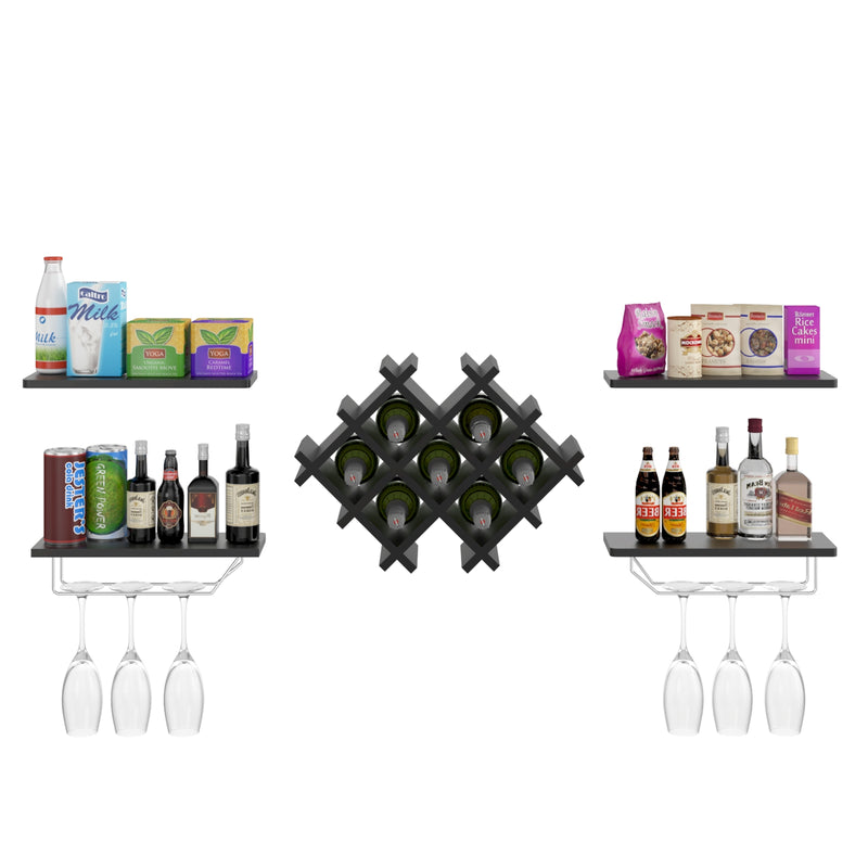Set of 5 Wall Mount Wine Rack Set w/ Storage Shelves-Black