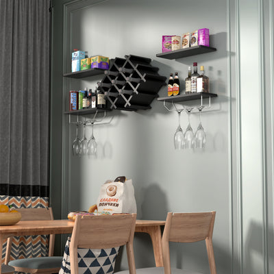 Set of 5 Wall Mount Wine Rack Set w/ Storage Shelves-Black