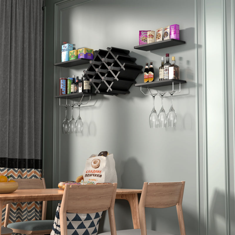 Set of 5 Wall Mount Wine Rack Set w/ Storage Shelves-Black