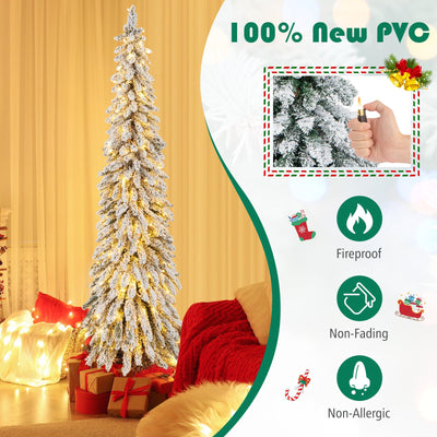 4/5/6 Feet Pre-Lit Artificial Christmas Tree Snow-Flocked Slim Pencil Xmas Decor-6 ft