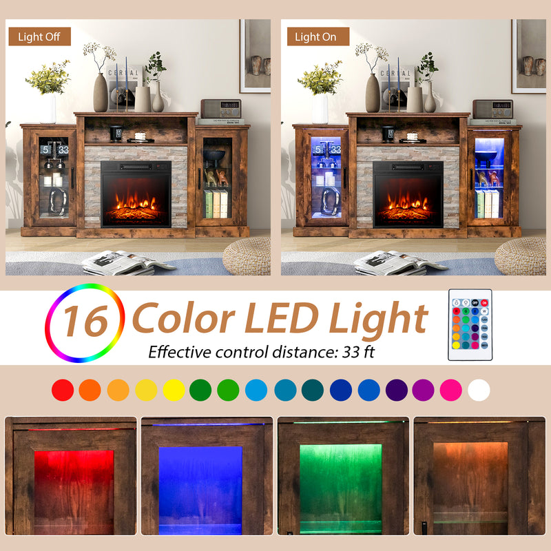 Fireplace TV Stand with 16-Color Led Lights for TVs up to 65 Inch-Brown