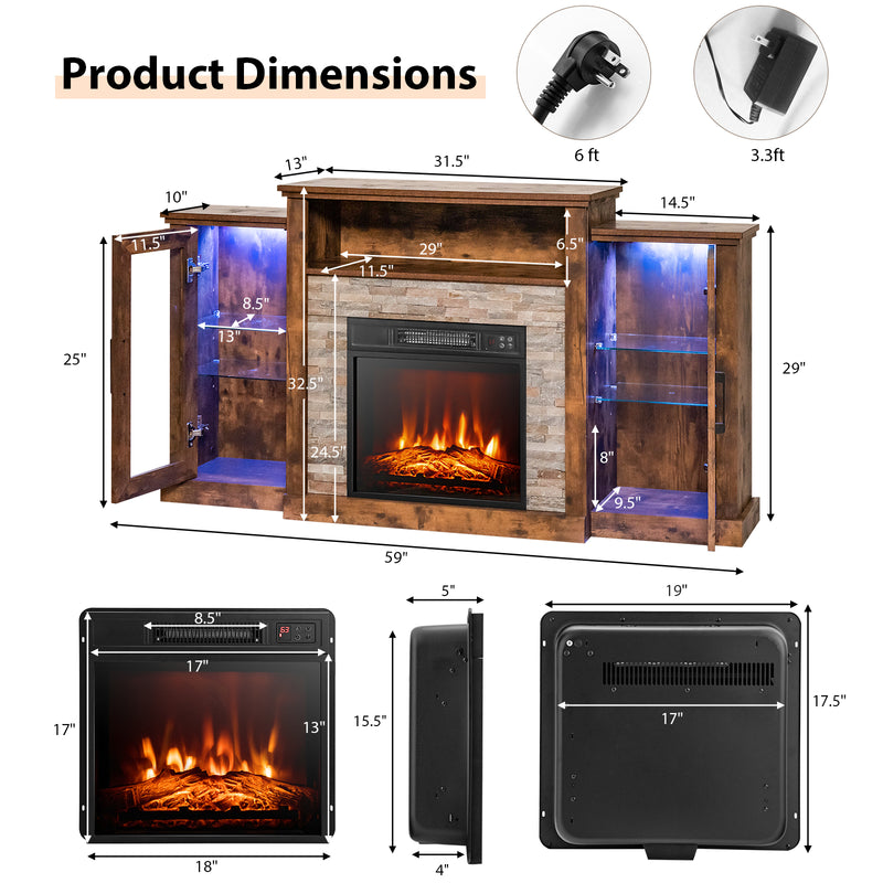 Fireplace TV Stand with 16-Color Led Lights for TVs up to 65 Inch-Brown