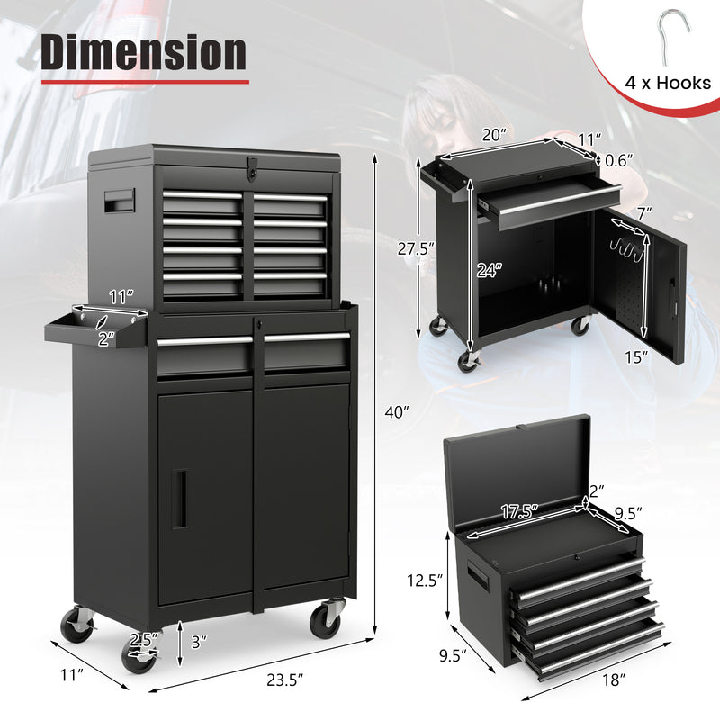 2-in-1 Tool Chest and Cabinet with 5 Sliding Drawers-Black